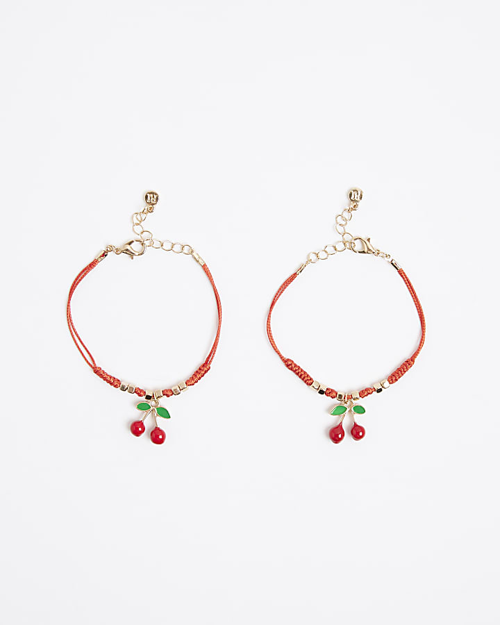Girls Red Cherry Cord BFF Bracelet Set