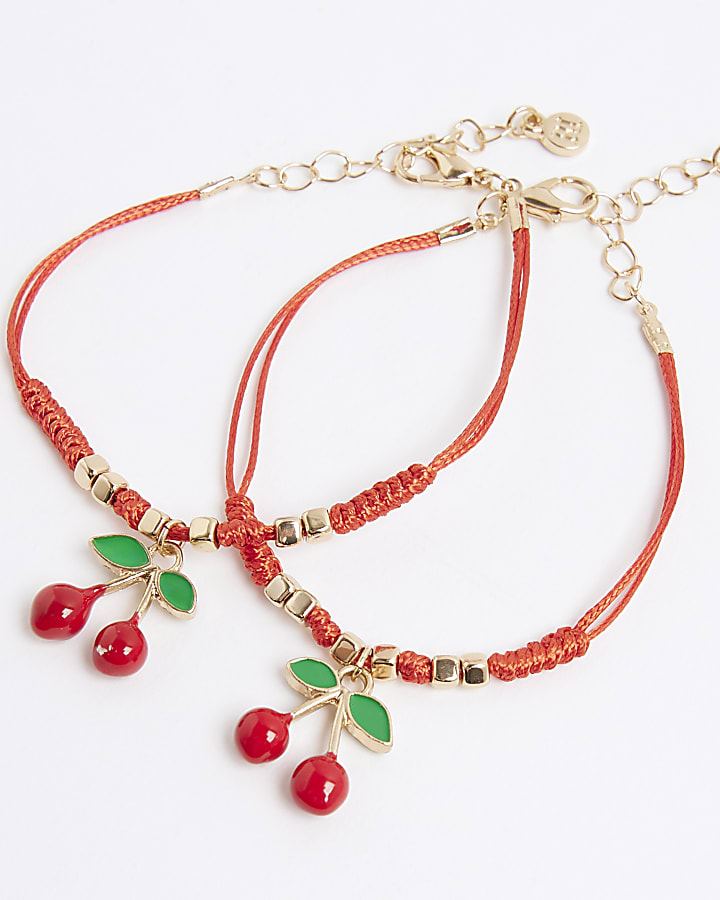 Girls Red Cherry Cord BFF Bracelet Set