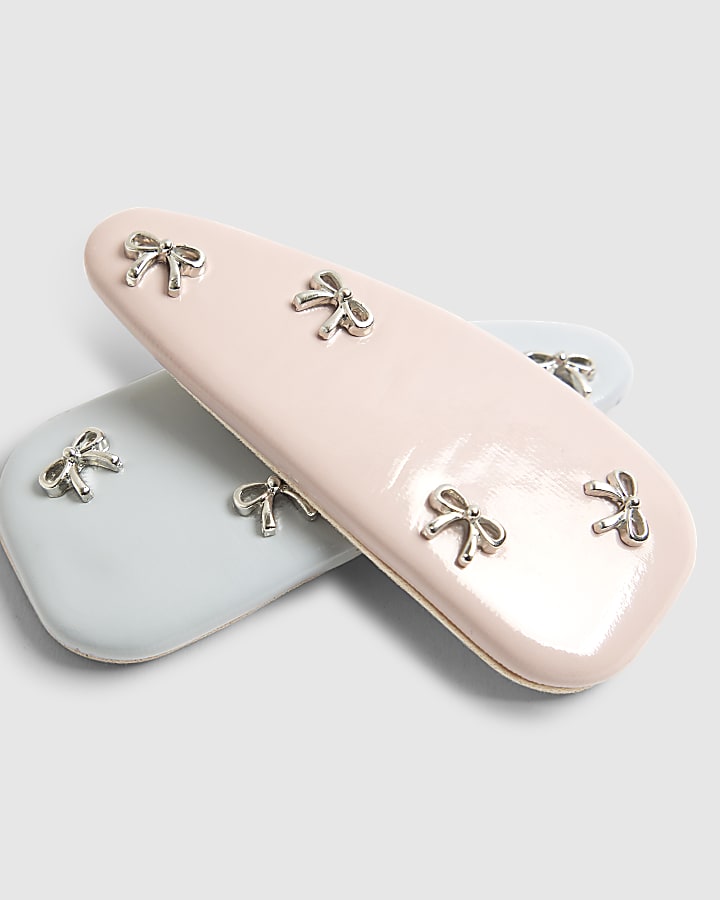 Girls Pink Bow Faux Leather Hairclips