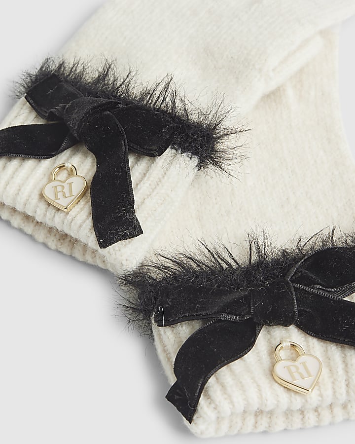 Girls Cream Bow Knitted Gloves