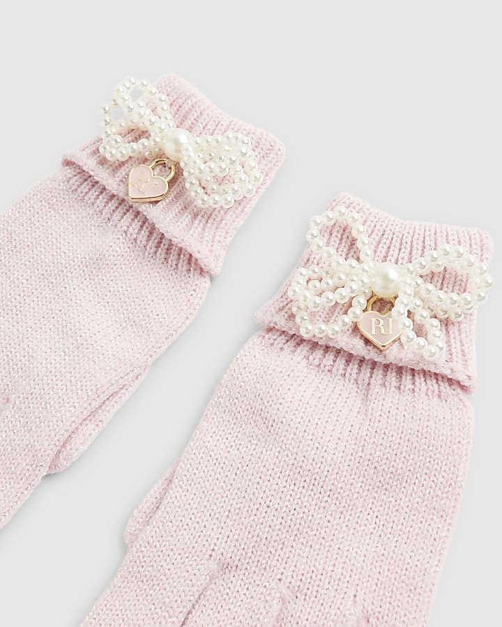 Girls Pink Pearl Bow Gloves