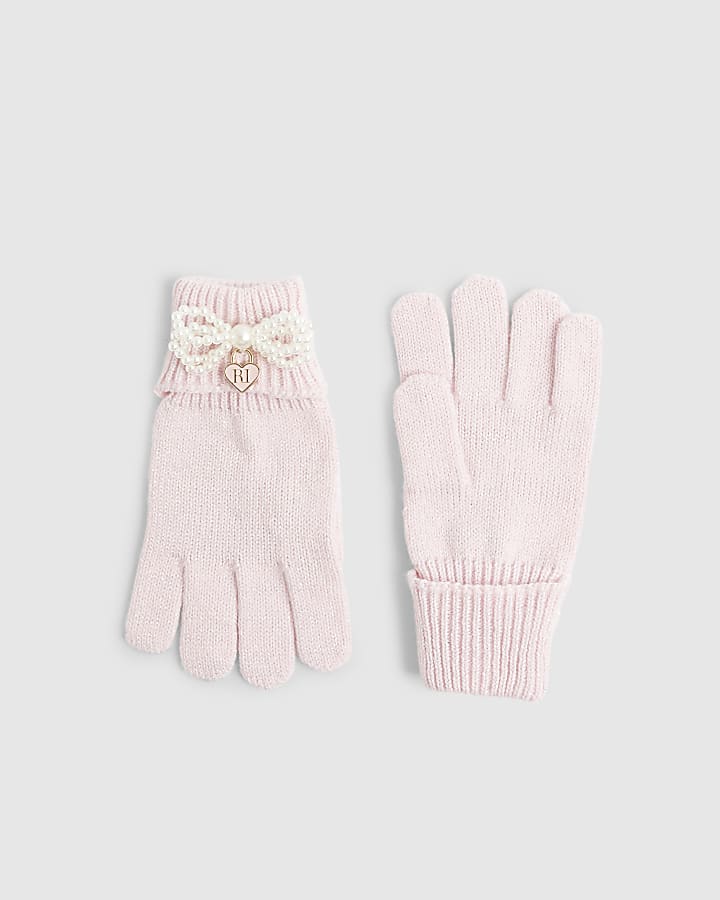 Girls Pink Pearl Bow Gloves