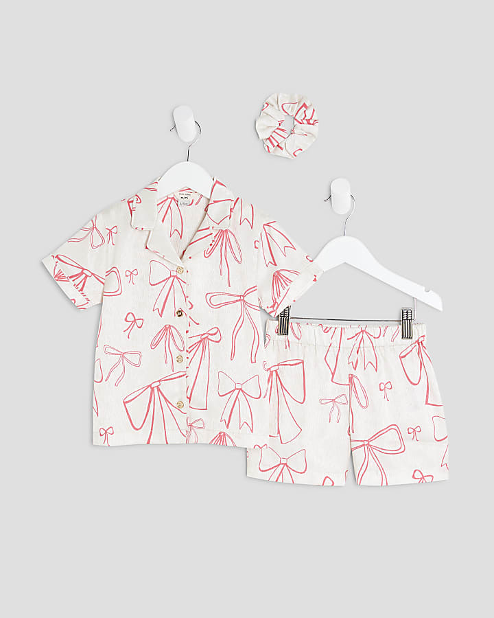 Mini Girls Cream Bow Satin Pyjama Set