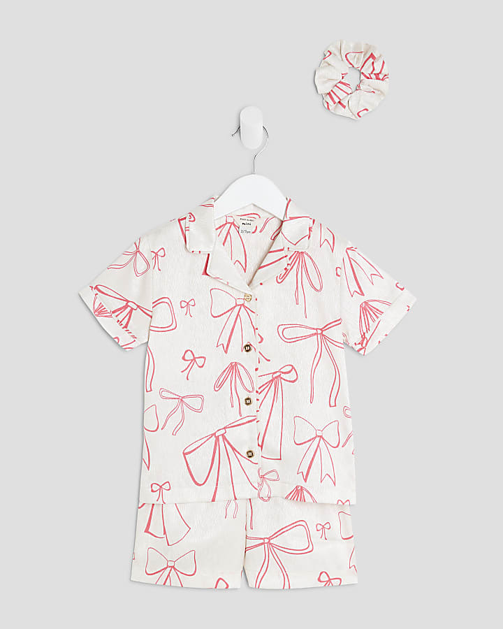 Mini Girls Cream Bow Satin Pyjama Set