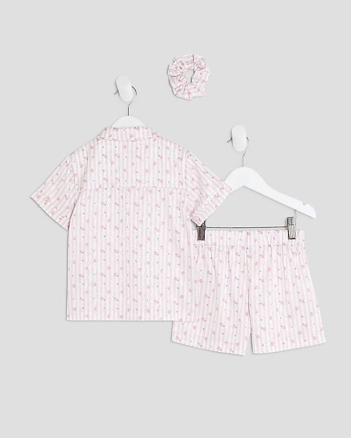 Mini Girls Pink Rosebud Stripe Satin Pyjamas