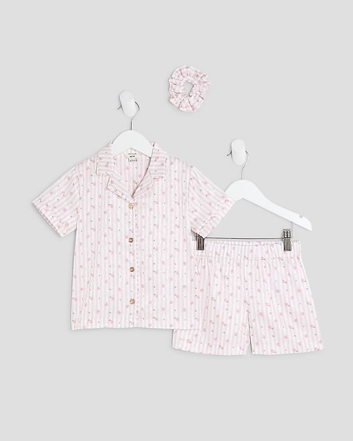 Mini Girls Pink Rosebud Stripe Satin Pyjamas