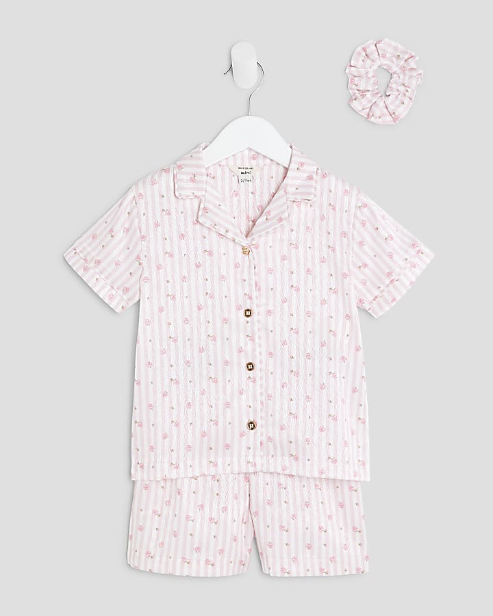 Mini Girls Pink Rosebud Stripe Satin Pyjamas