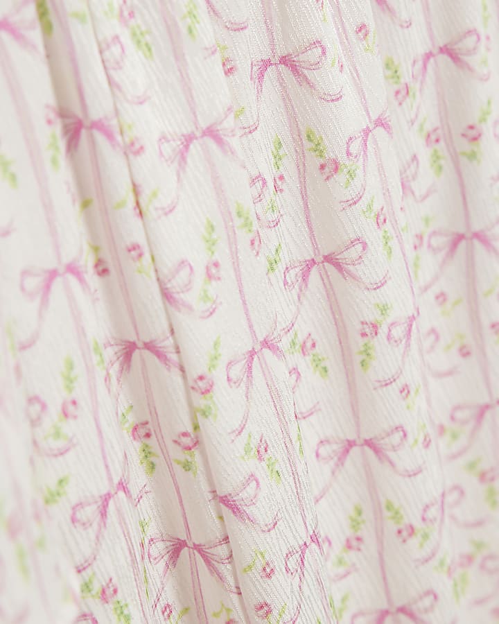 Girls Cream Ditsy Bow Satin Pyjama Set