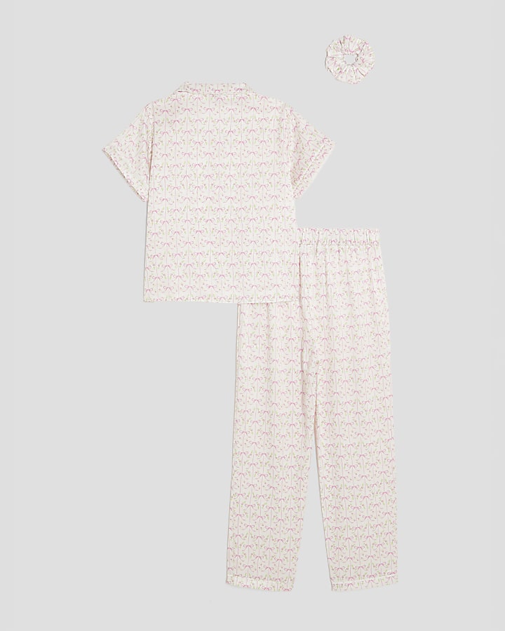 Girls Cream Ditsy Bow Satin Pyjama Set