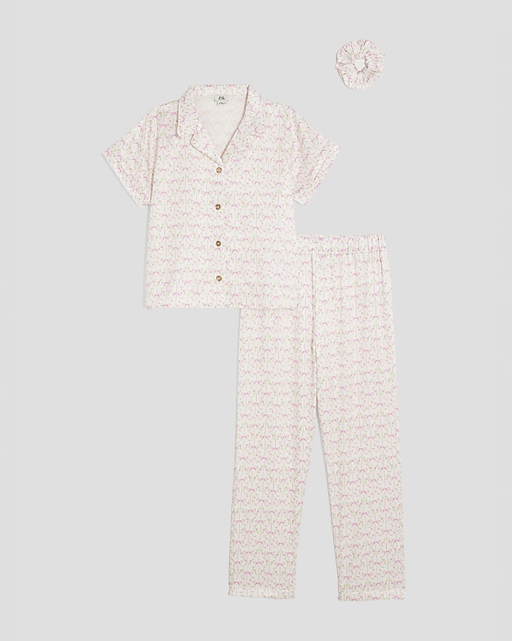 Girls Cream Ditsy Bow Satin Pyjama Set