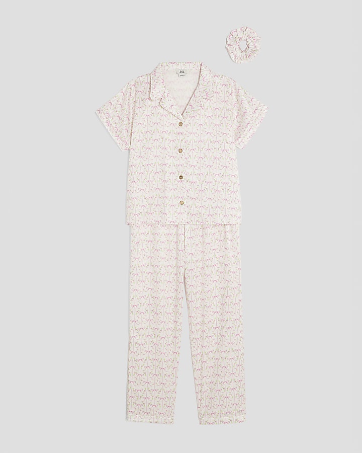 Girls Cream Ditsy Bow Satin Pyjama Set