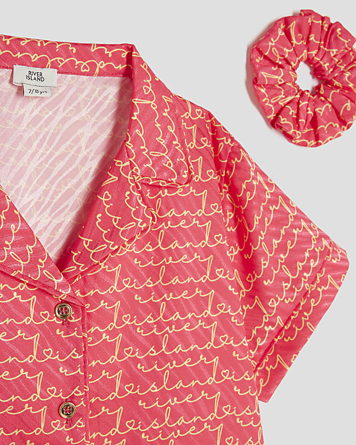 Girls Pink Satin RI Monogram Pyjamas Set