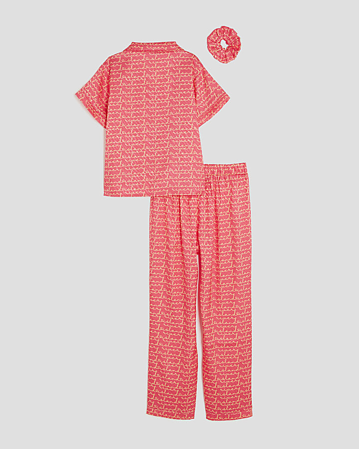 Girls Pink Satin RI Monogram Pyjamas Set