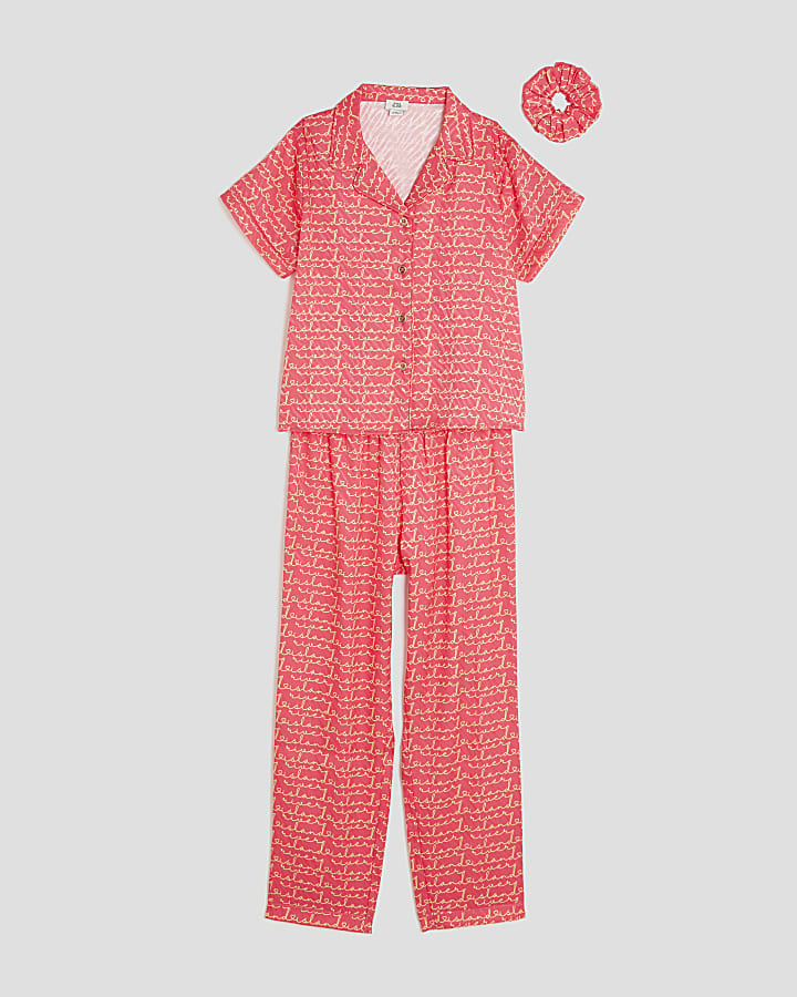 Girls Pink Satin RI Monogram Pyjamas Set