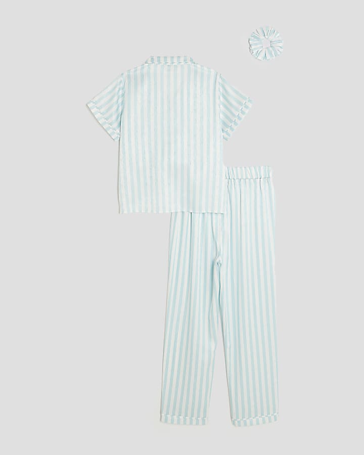 Girls Blue Striped Satin Pyjama Set