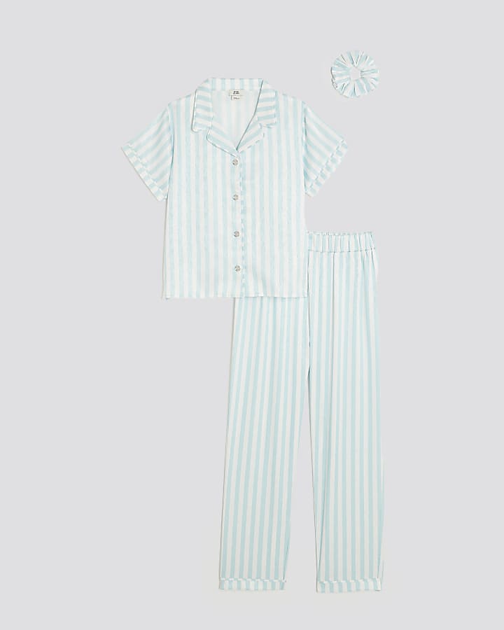 Girls Blue Striped Satin Pyjama Set