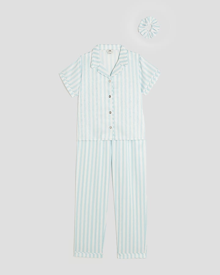 Girls Blue Striped Satin Pyjama Set