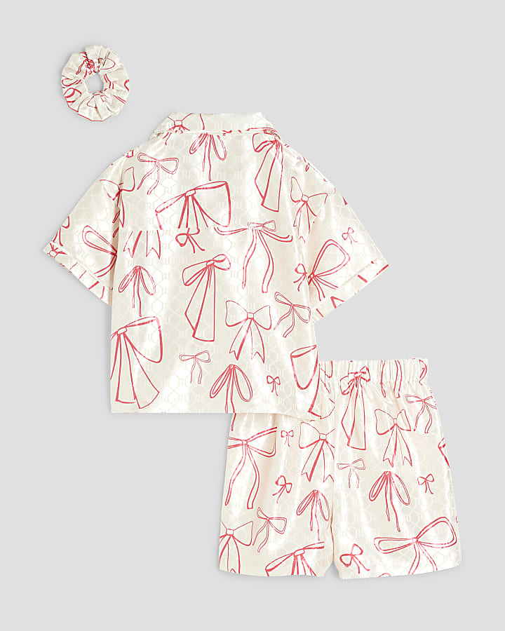 Girls Cream Bow Satin Pyjama set