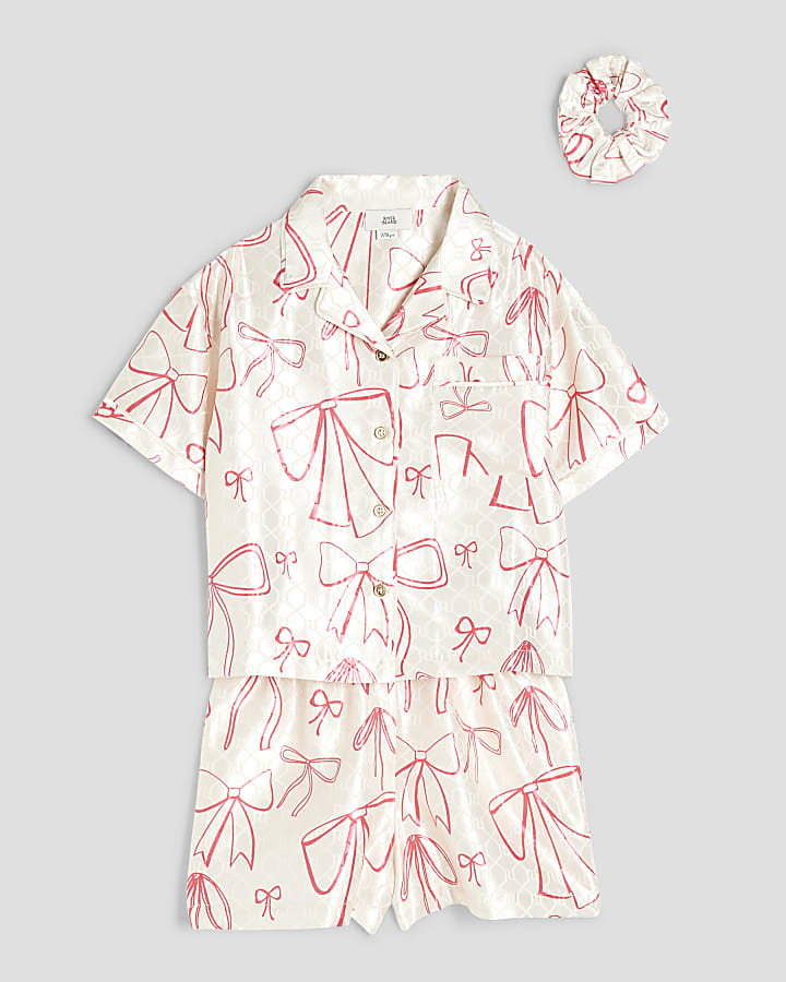 Girls Cream Bow Satin Pyjama set