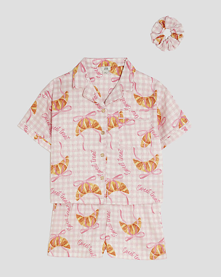 Girls Pink Gingham Croissant Pyjamas Set