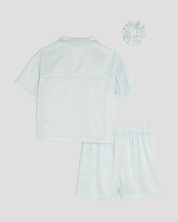 Girls Blue RI Monogram Satin Pyjamas Set