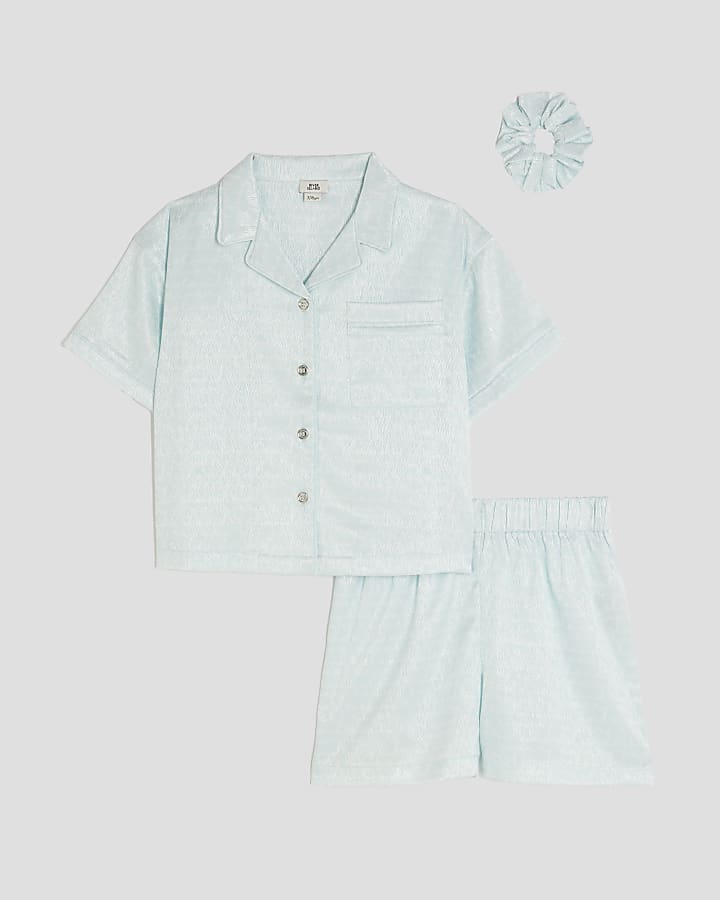 Girls Blue RI Monogram Satin Pyjamas Set