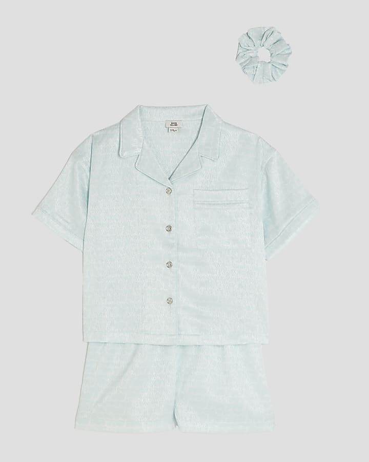 Girls Blue RI Monogram Satin Pyjamas Set