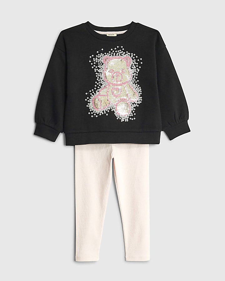 Mini Girls Black Sequin Bear Sweatshirt Set