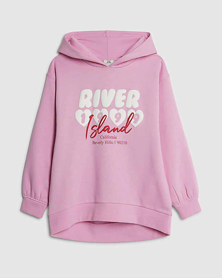 Girls Pink Longline RI Hooded Sweatshirt