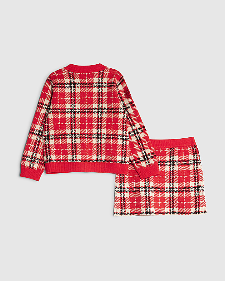 Mini Girls Red Tartan Sequin Skirt Set