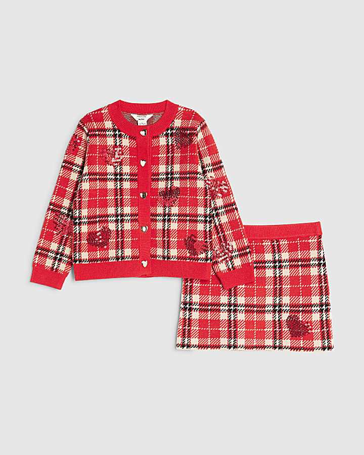 Mini Girls Red Tartan Sequin Skirt Set