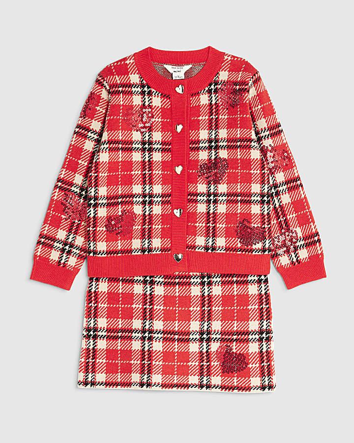 Mini Girls Red Tartan Sequin Skirt Set