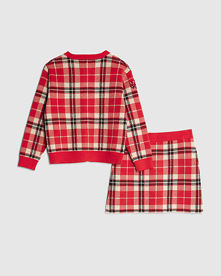 Girls Red Tartan Sequin Skirt Set