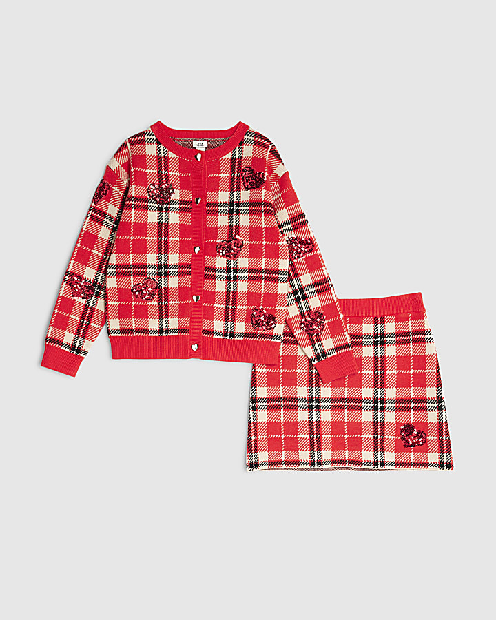 Girls Red Tartan Sequin Skirt Set
