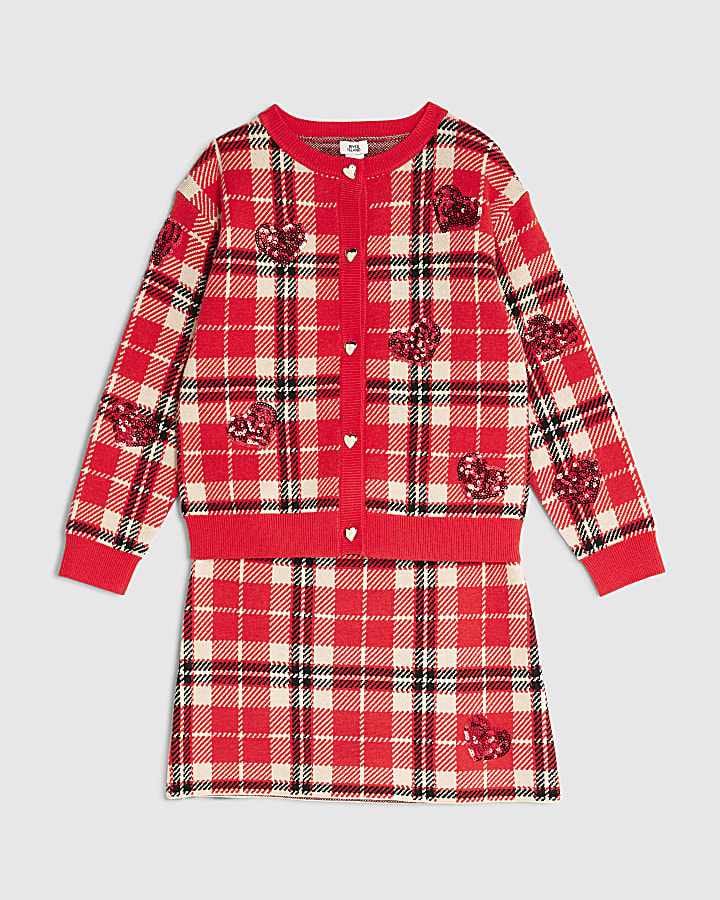Girls Red Tartan Sequin Skirt Set