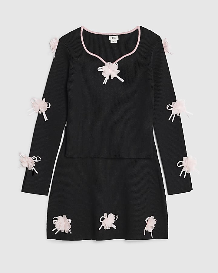 Girls Black 3D Flower Top Set