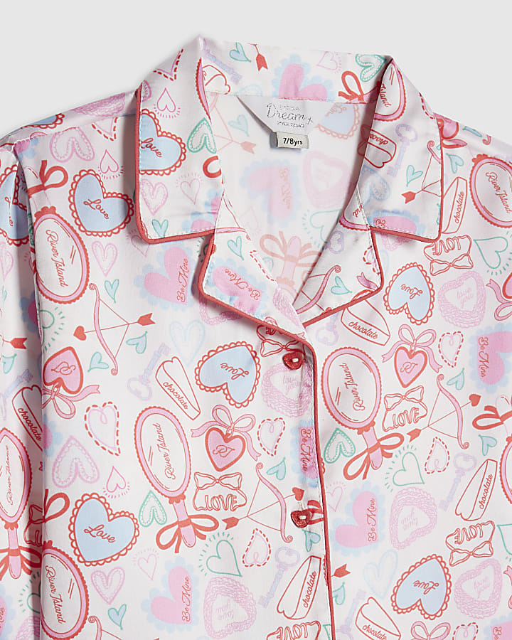 Girls White Love Heart Satin Short Pyjamas