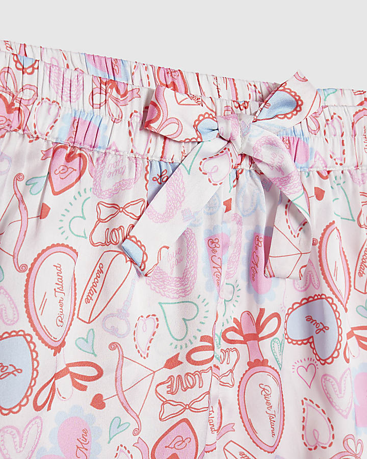 Girls White Love Heart Satin Short Pyjamas