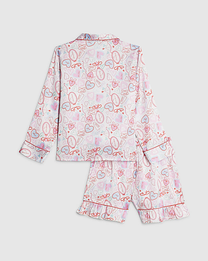 Girls White Love Heart Satin Short Pyjamas