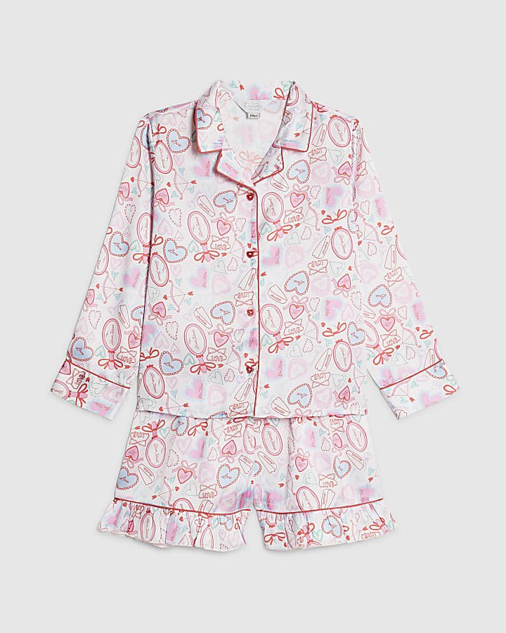 Girls White Love Heart Satin Short Pyjamas