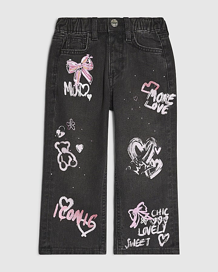 Mini Girls Black Love Graffiti Straight Jeans