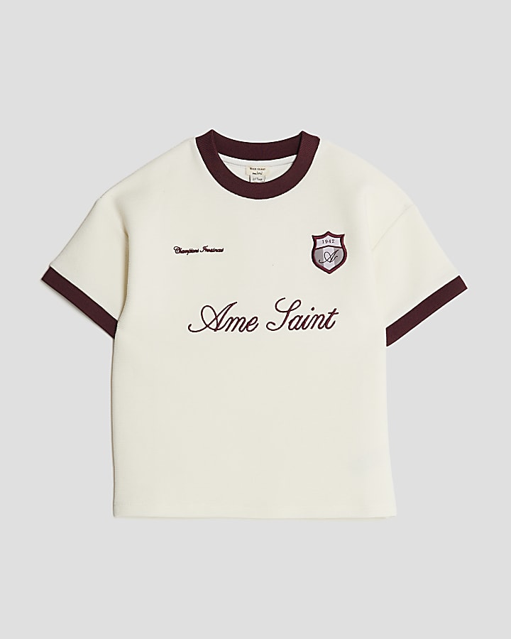 Mini Boys Ecru Football Ribbed T-Shirt