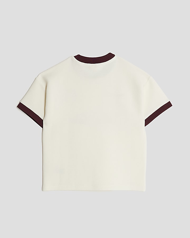 Mini Boys Ecru Football Ribbed T-Shirt