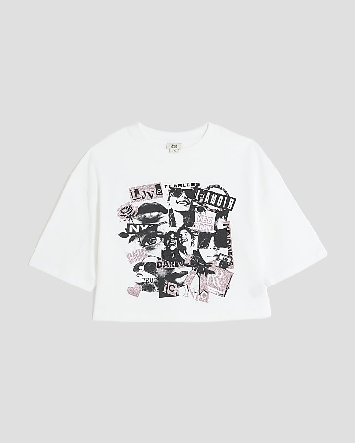 Girls White Photographic Cropped T-Shirt