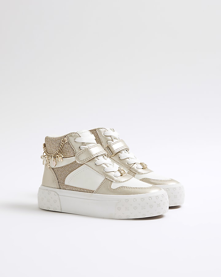 Girls White Glitter Chain High Top Trainers