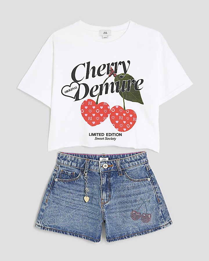 Girls White Cherry T-Shirt and Shorts Set