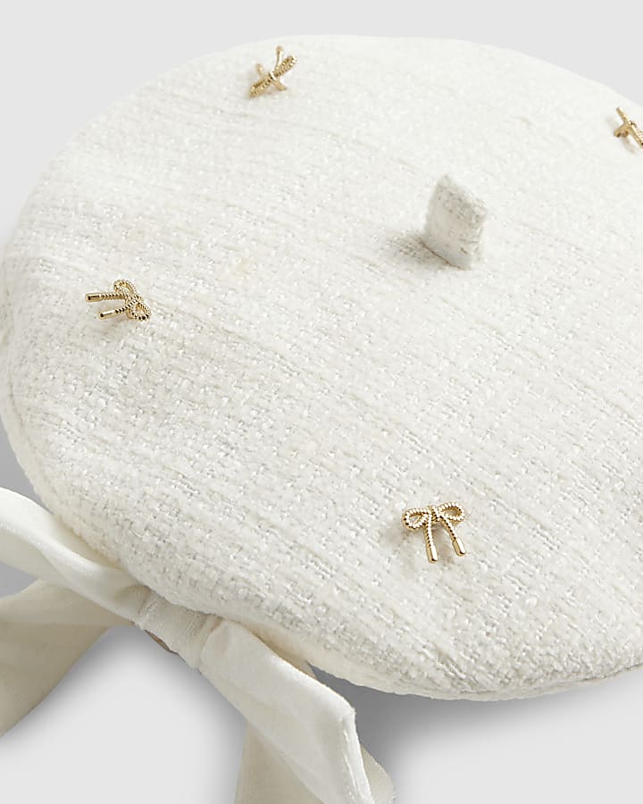 Mini Girls Cream Bow Boucle Beret