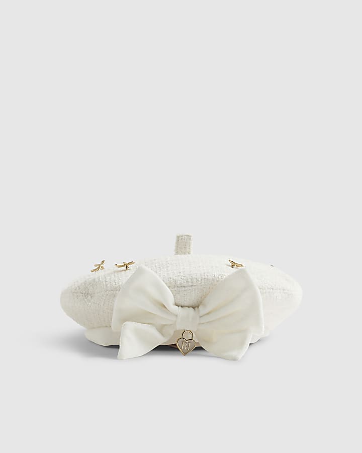 Mini Girls Cream Bow Boucle Beret