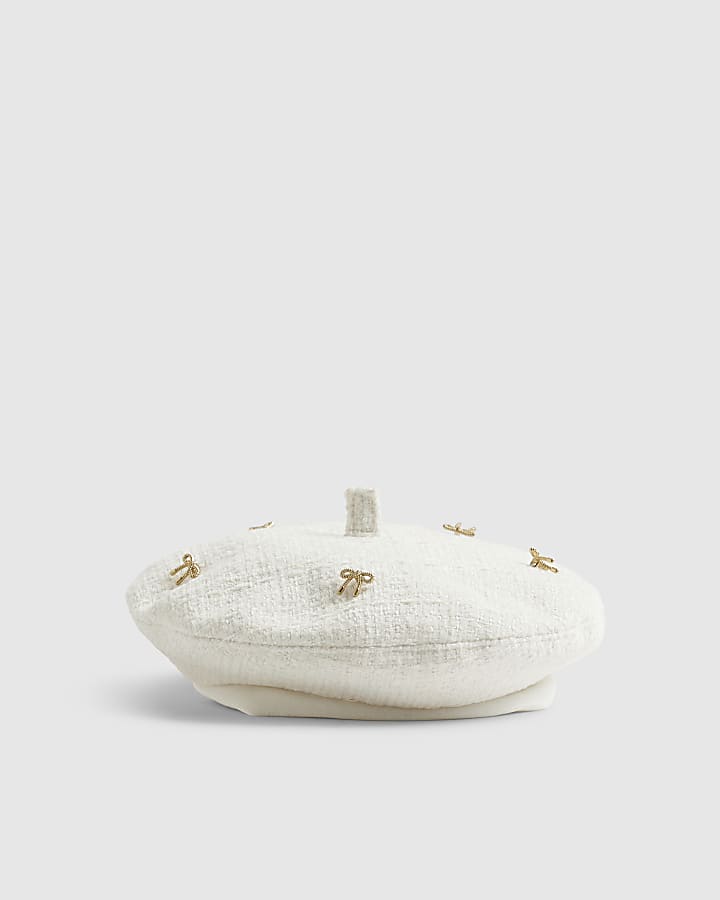 Mini Girls Cream Bow Boucle Beret