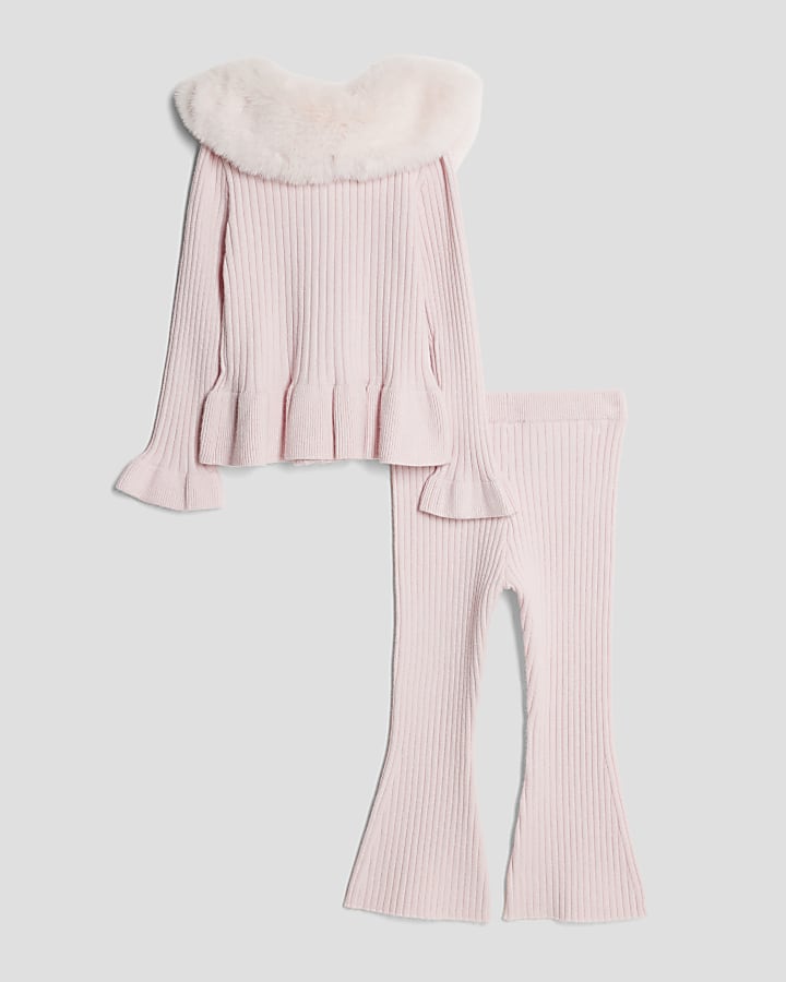 Mini Girls Pink Faux Fur Collar Cardigan Set